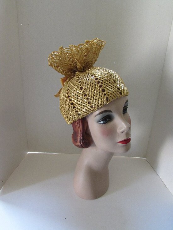 Vintage Hat Mustard Tone Raffia Soaring Plume main image 4